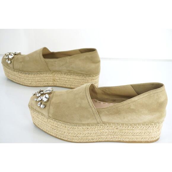 Miu Miu Beige Suede Crystal Jewel Toe Platform Espadrilles SZ 42 12 Slip on $790 - Picture 9 of 12
